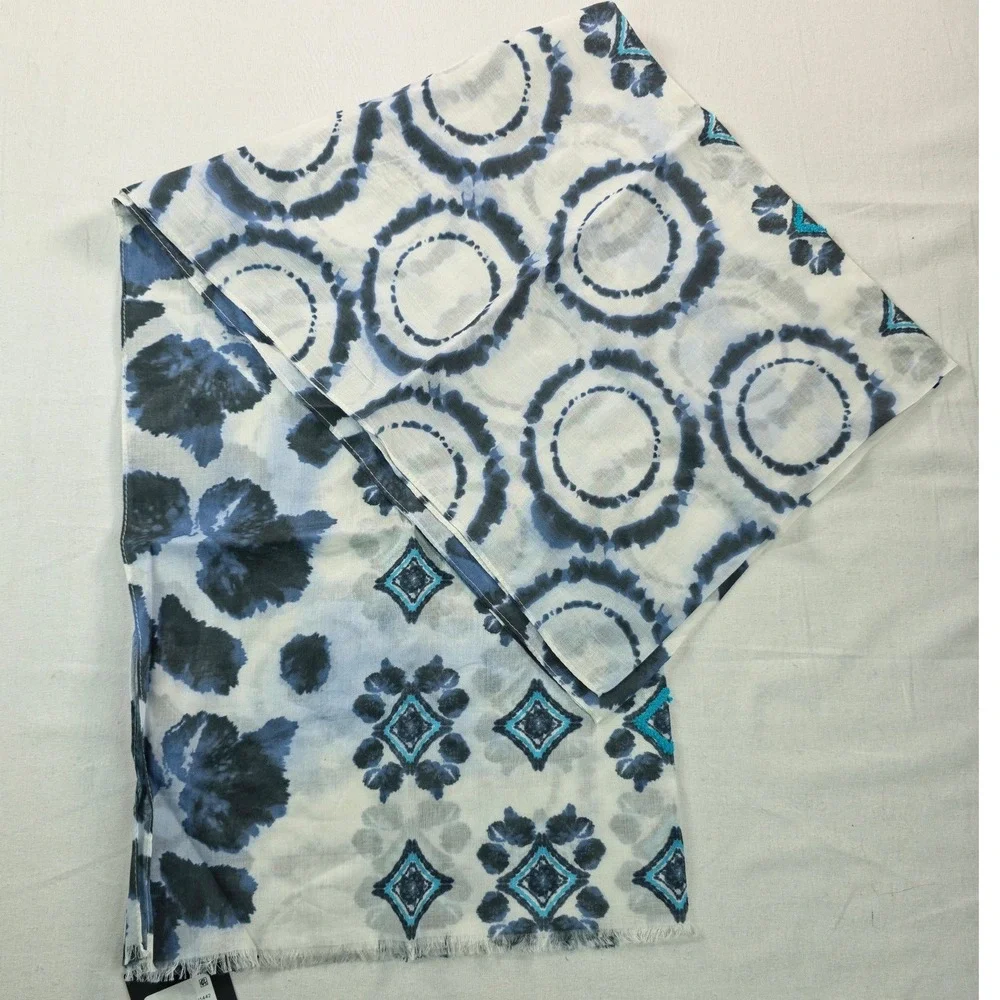 Echo Women Scarf OS Blue Batik Patch Geometric Frayed Edge Cozy Wrap Luxury NWT